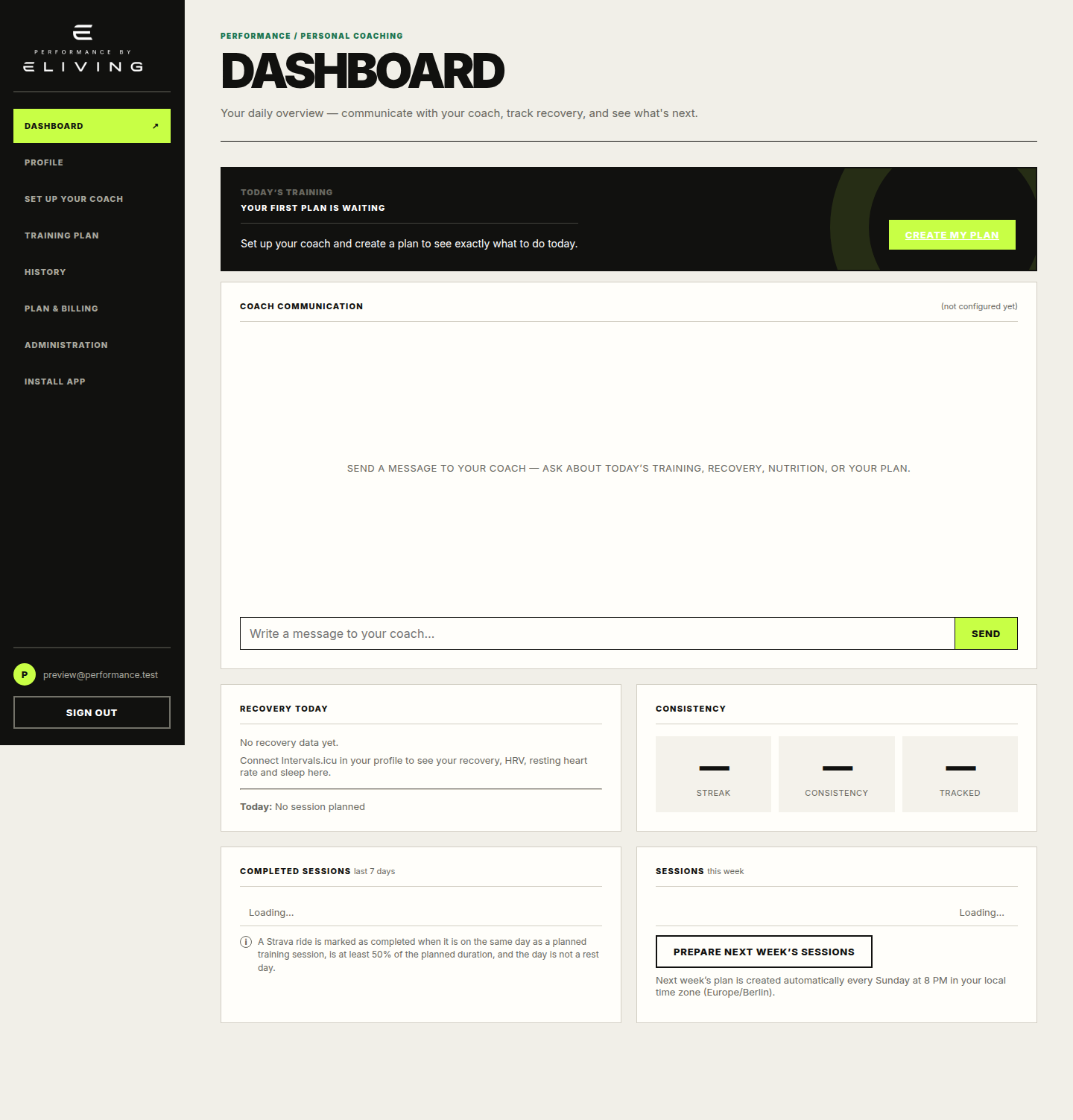 Eksempel på Performance-dashboard med dagens pas, recovery-score og ugeoversigt